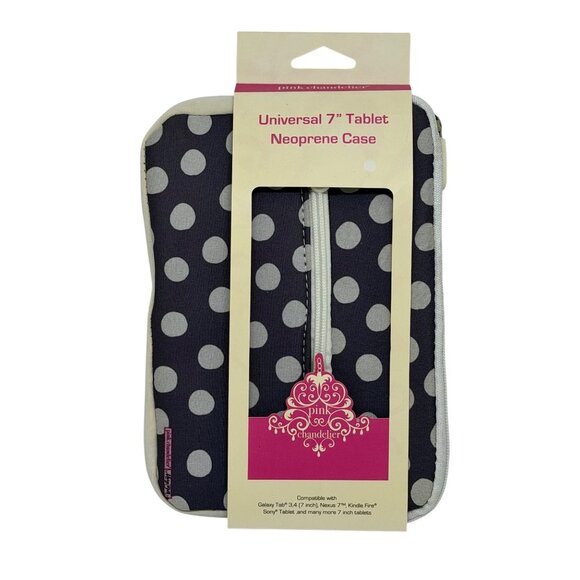NWT Pink Chandelier 7" Tablet Zipper Neoprene Case Blue White Polka Dot Stylish - Picture 1 of 4
